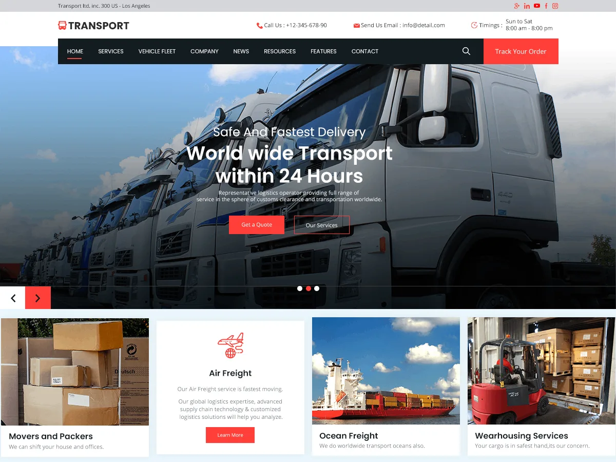 Transport Solutions teması ile oluşturulmuş lojistik web sitesi görünümü