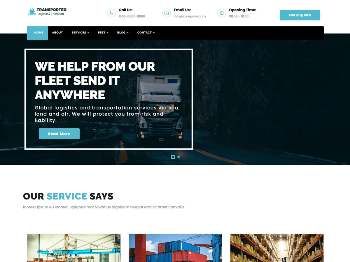 Transportex web sitesi teması ile taşımacılık ve lojistik sitesi görünümü