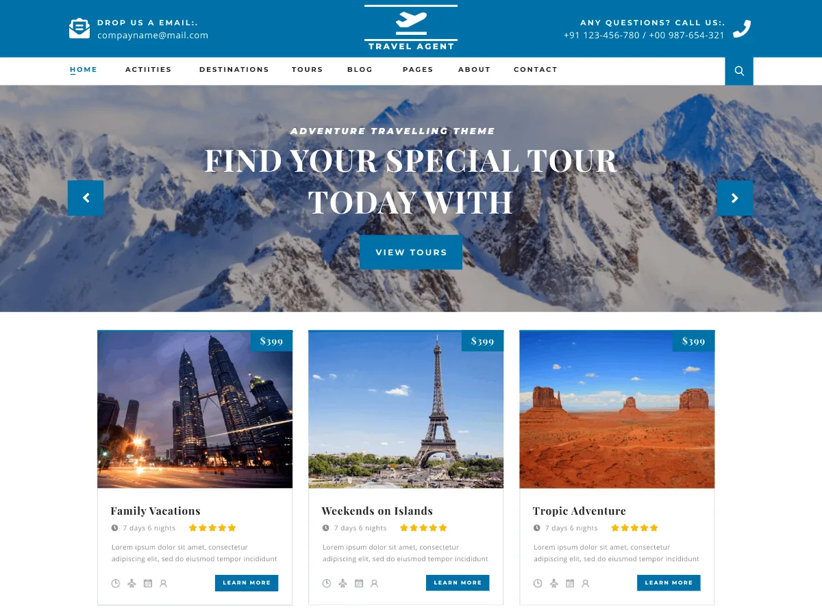 Travel Agent web sitesi teması ile seyahat acentesi web sitesi tasarımı