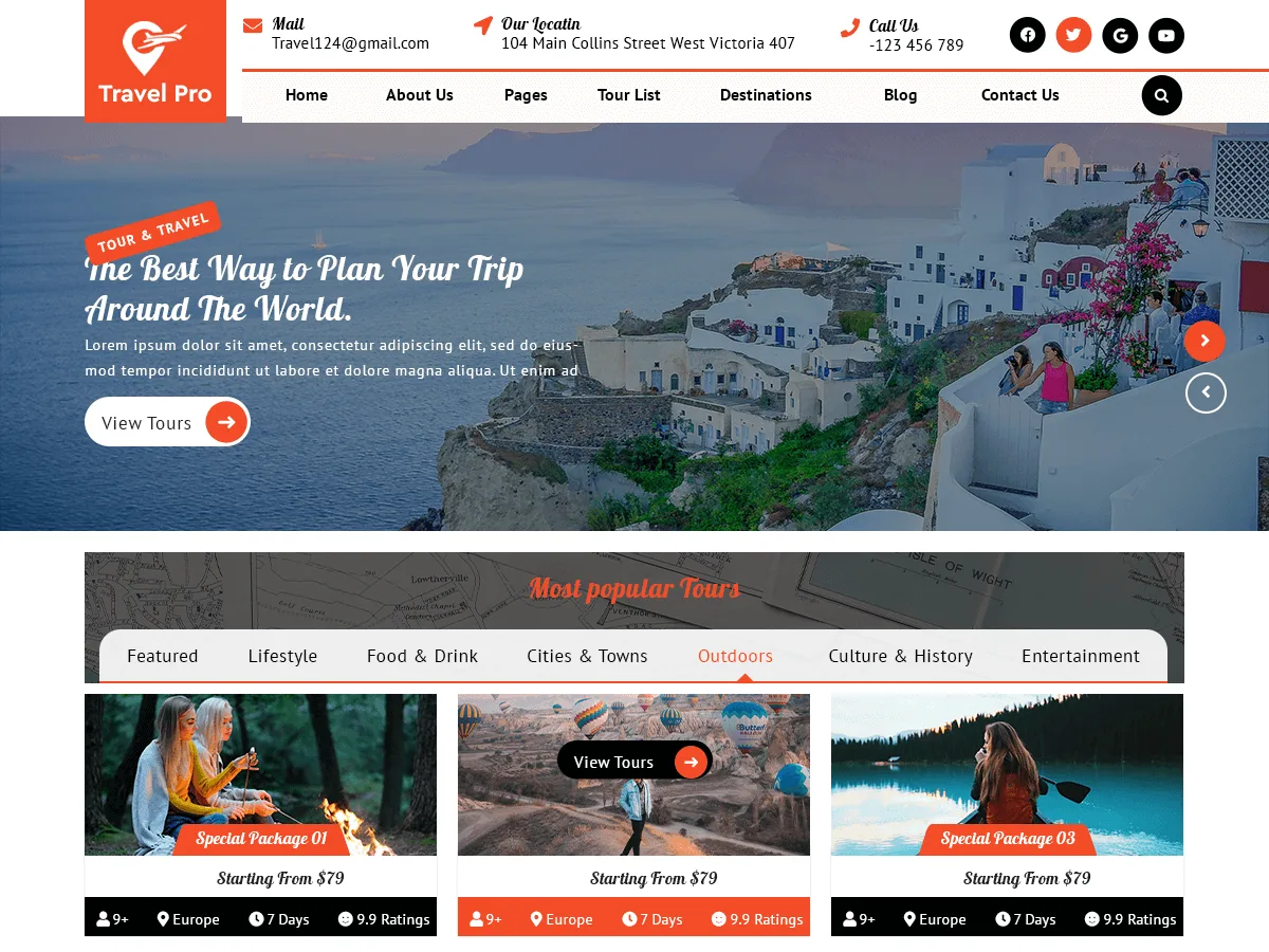 Travel Booking Agency web sitesi teması ile seyahat rezervasyon sitesi görünümü