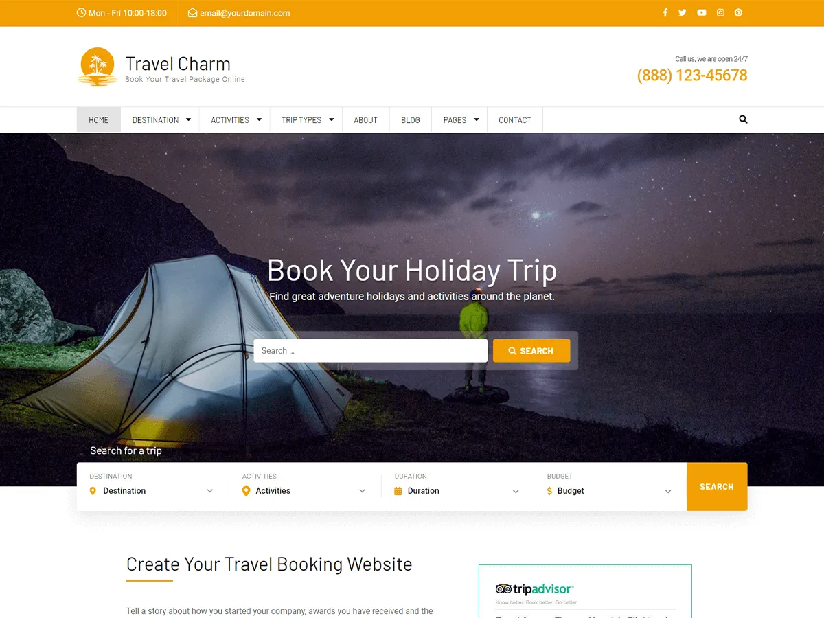 Travel Charm web sitesi teması ile tur ve seyahat rezervasyon sitesi görünümü