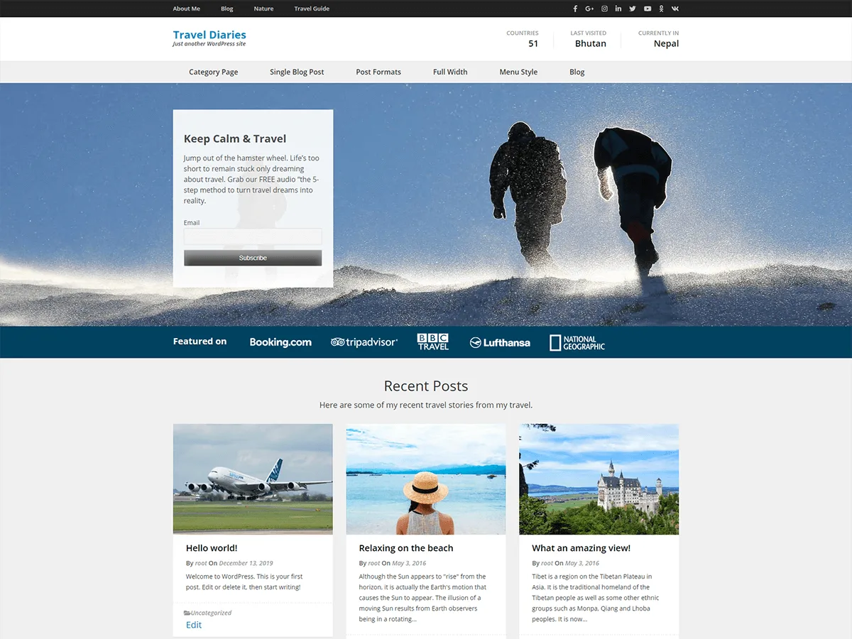 Travel Diaries web sitesi teması önizlemesi