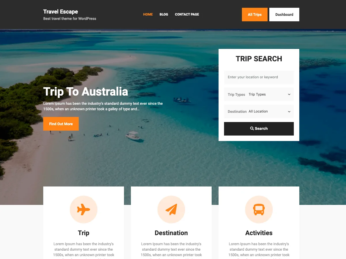 Travel Escape web sitesi teması ile tur ve seyahat sitesi tasarımı