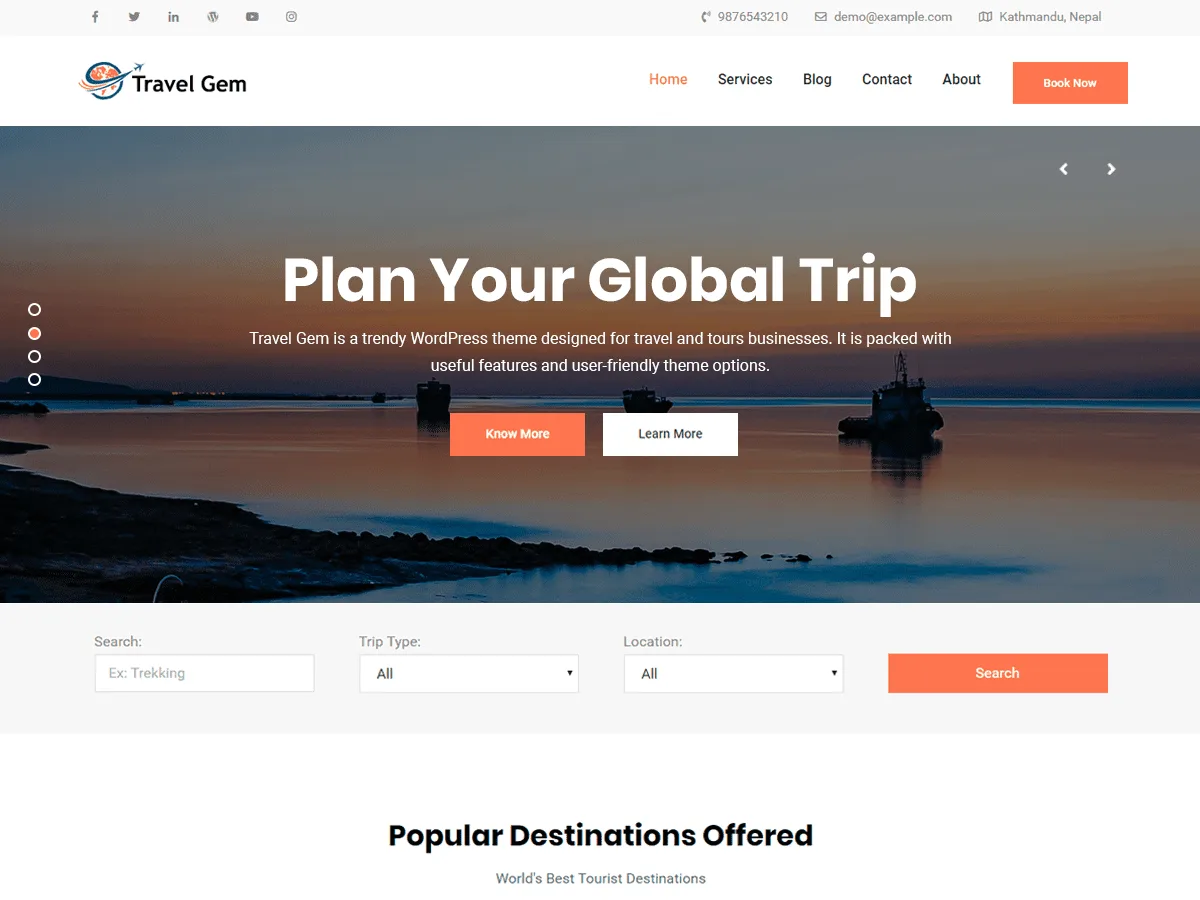 Travel Gem web sitesi teması önizlemesi