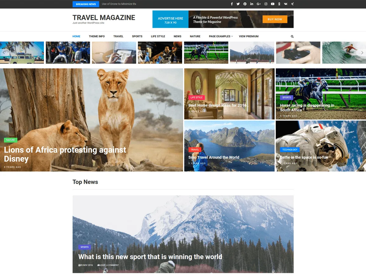 Travel Magazine web sitesi teması önizlemesi