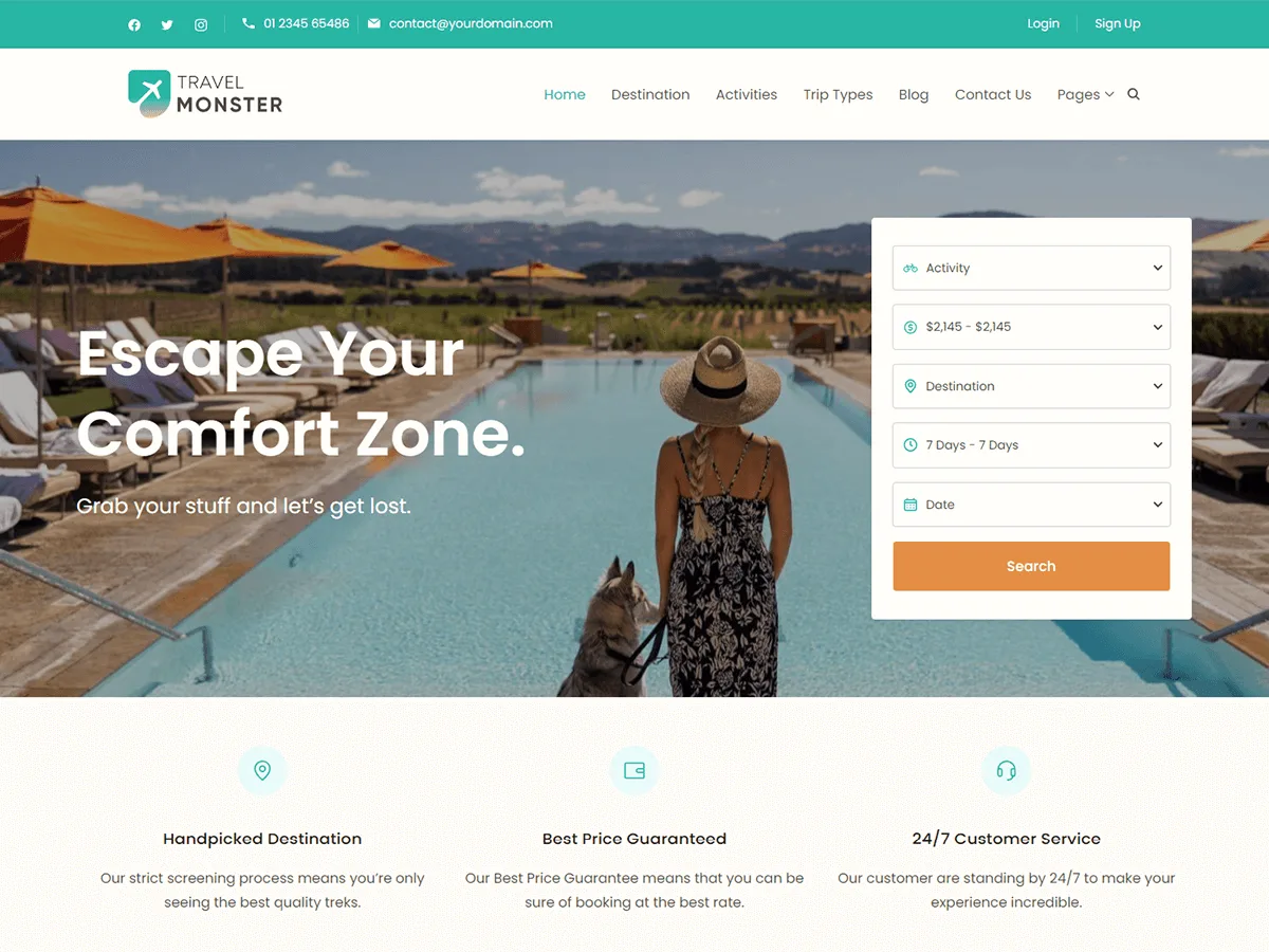 Travel Monster web sitesi teması ile seyahat ve tur rezervasyon sitesi görünümü