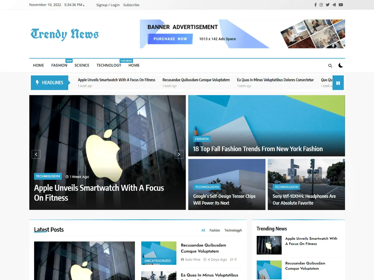 Trendy News web sitesi teması önizlemesi