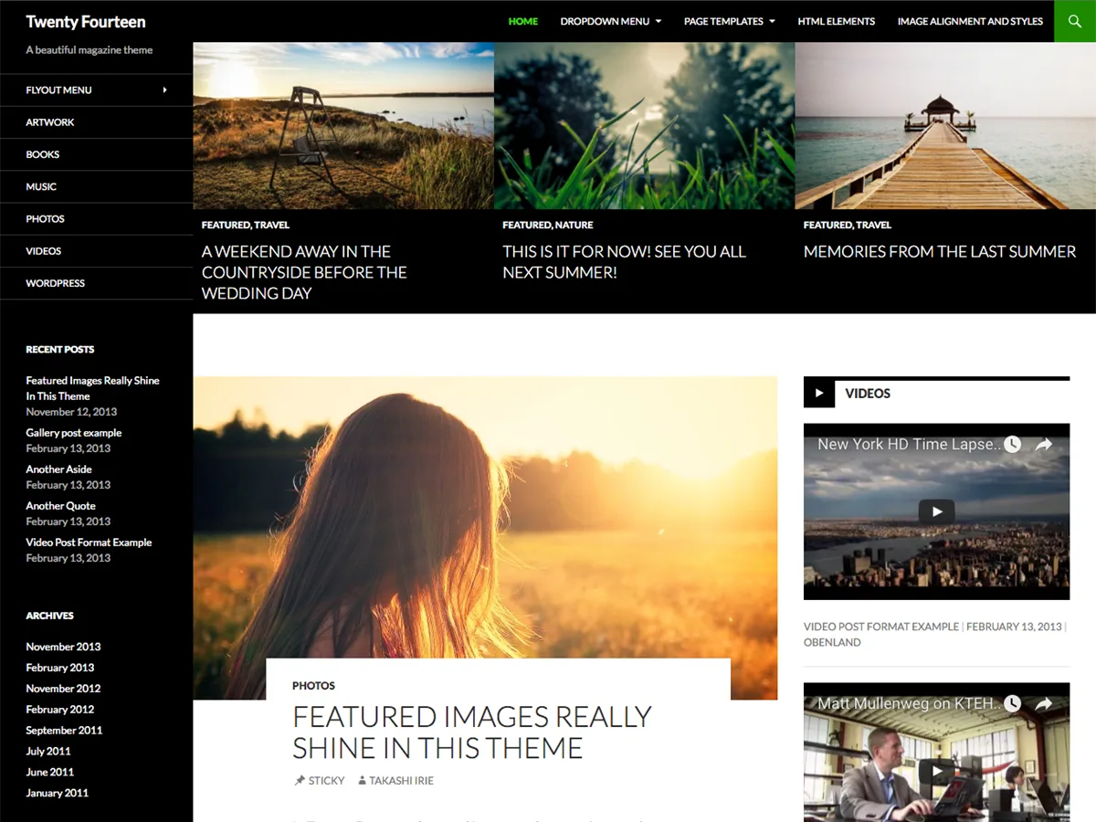 Twenty Fourteen WordPress theme default homepage with magazine-style grid layout
