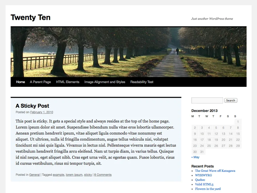 Twenty Ten WordPress theme default homepage layout