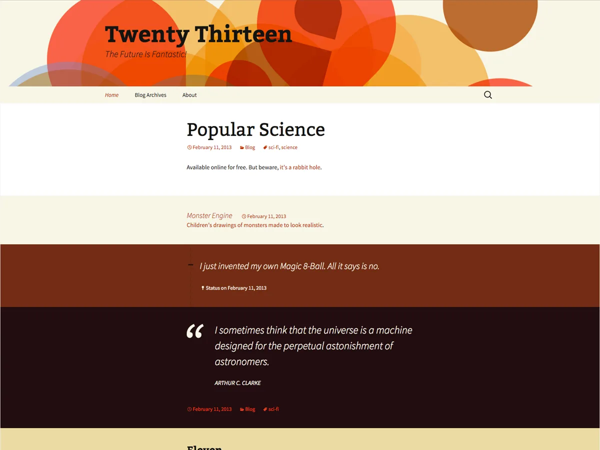 Twenty Thirteen web sitesi temasının blog odaklı tasarımını gösteren bir görsel