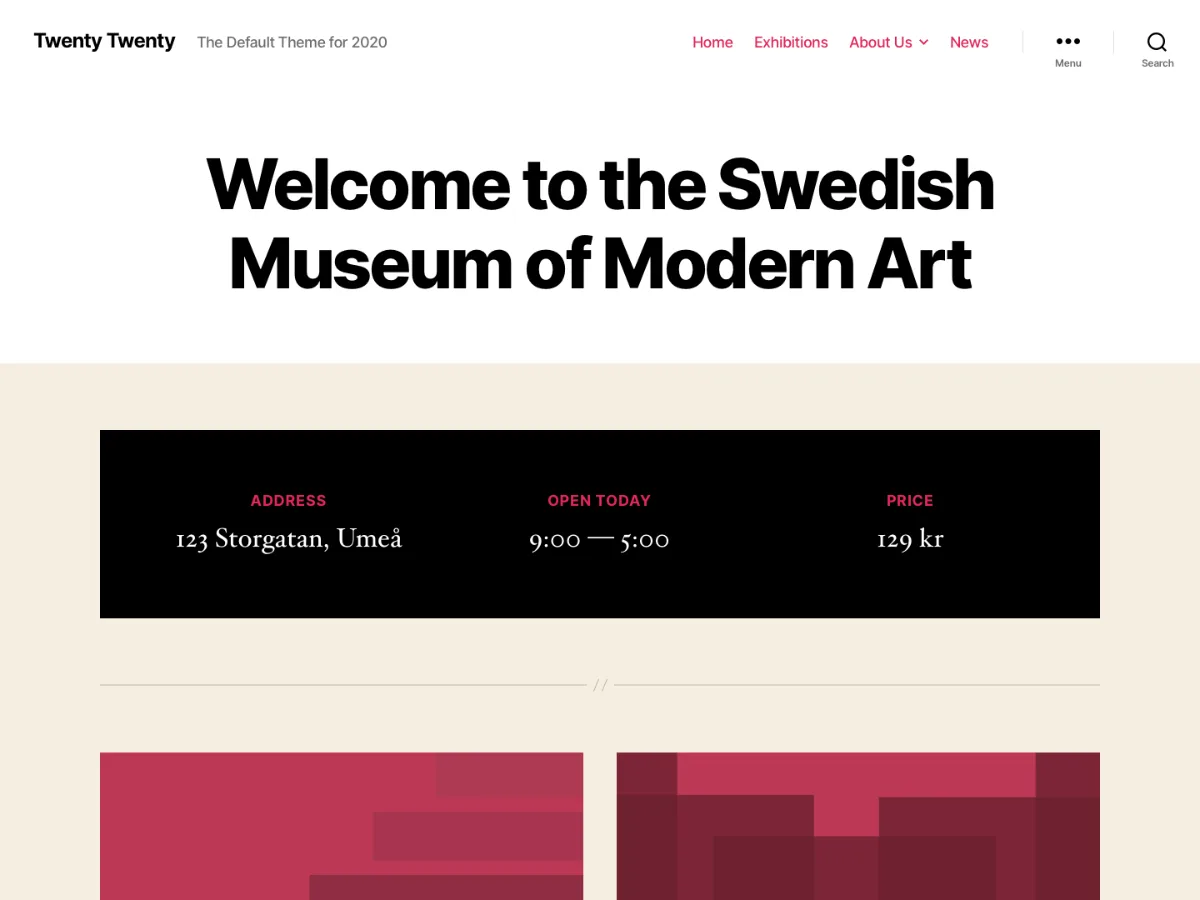 Twenty Twenty WordPress theme default homepage layout