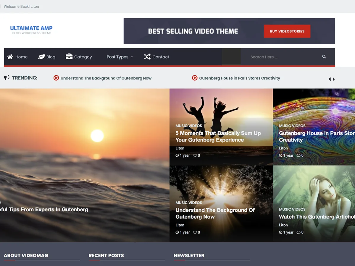 Ultimate AMP web sitesi teması ile tasarlanmış bir dergi sitesi görünümü