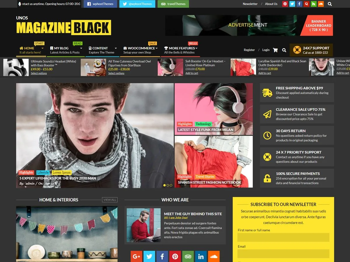 Unos Magazine Black web sitesi teması koyu tasarım örneği