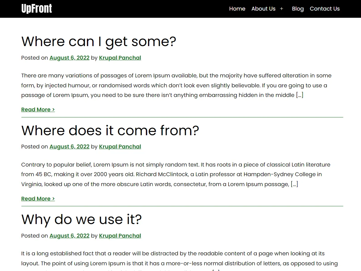 UpFront web sitesi teması önizlemesi
