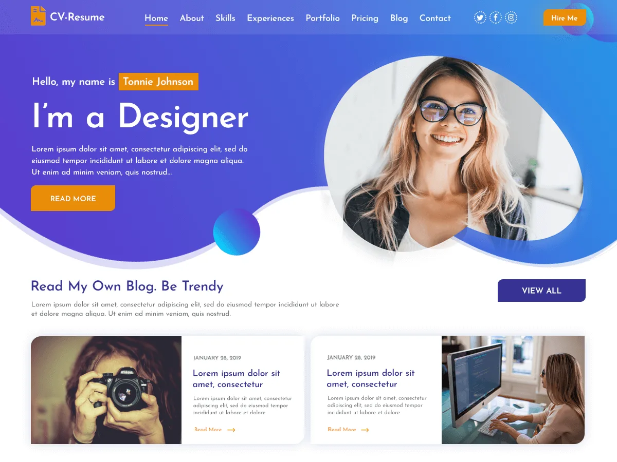 Vcard CV Resume teması ile oluşturulmuş kişisel portfolyo web sitesi görünümü