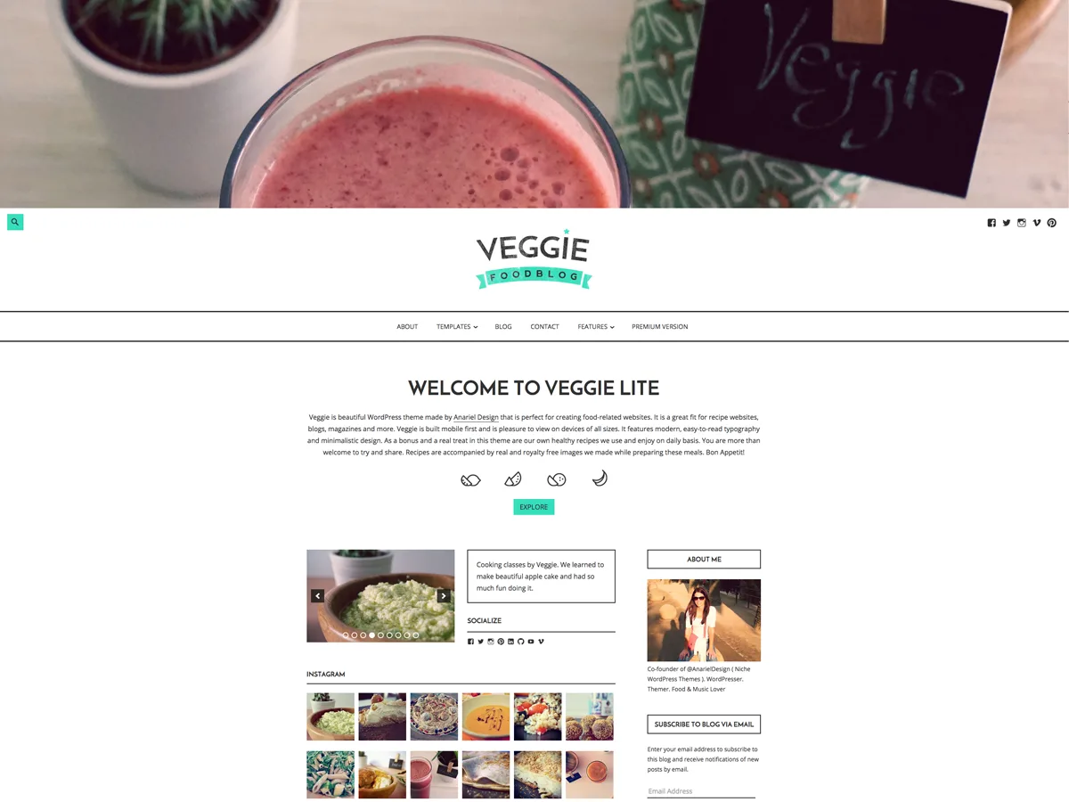 Veggie Lite web sitesi teması ile oluşturulmuş yemek tarifi sitesi görünümü
