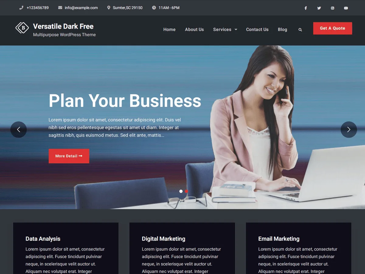 Versatile Business Dark web sitesi teması koyu tasarım örneği