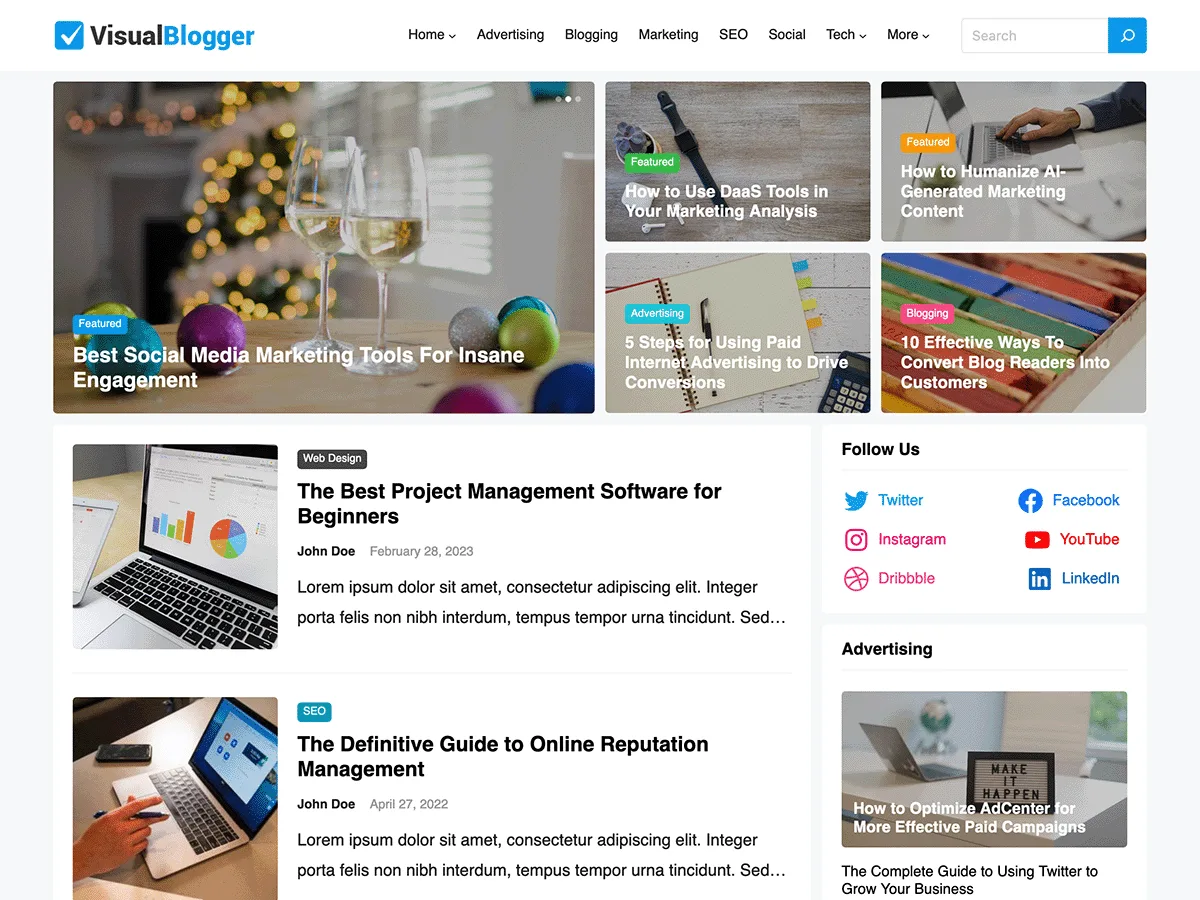 VisualBlogger web sitesi teması önizlemesi