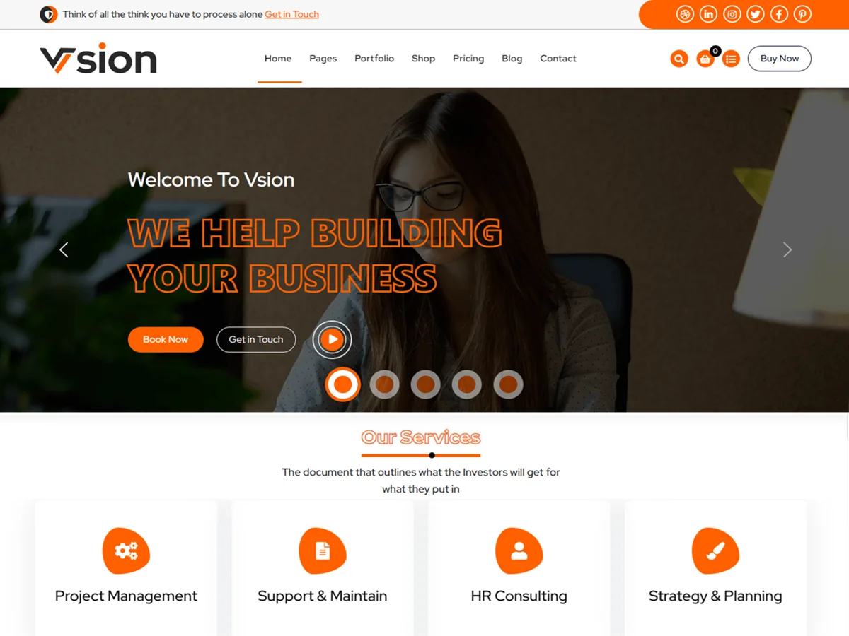 Vsion web sitesi teması ile profesyonel bir işletme sitesi görünümü