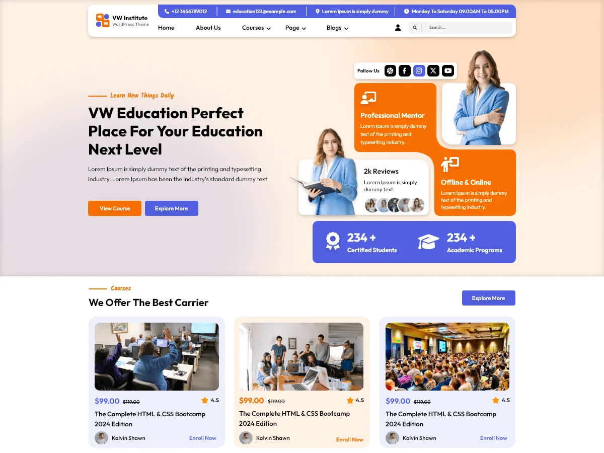VW Coaching Institute web sitesi teması önizlemesi