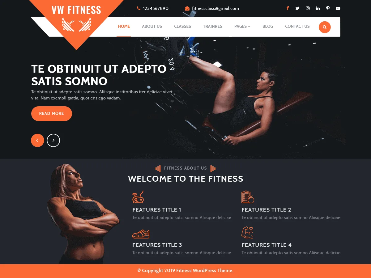 VW Fitness Gym web sitesi teması önizlemesi