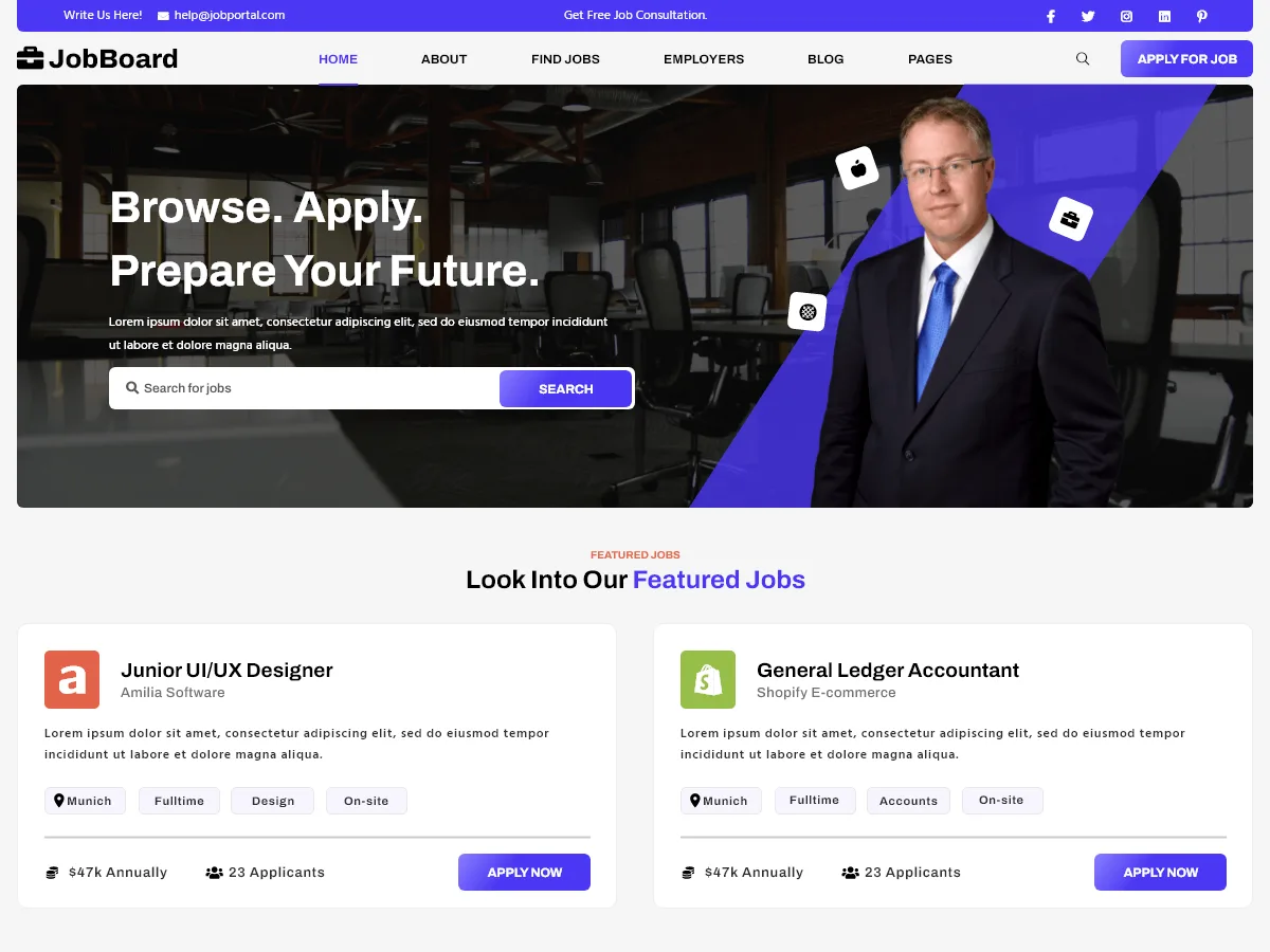 VW Job Board web sitesi teması ile iş ilanları ve kariyer sitesi görünümü