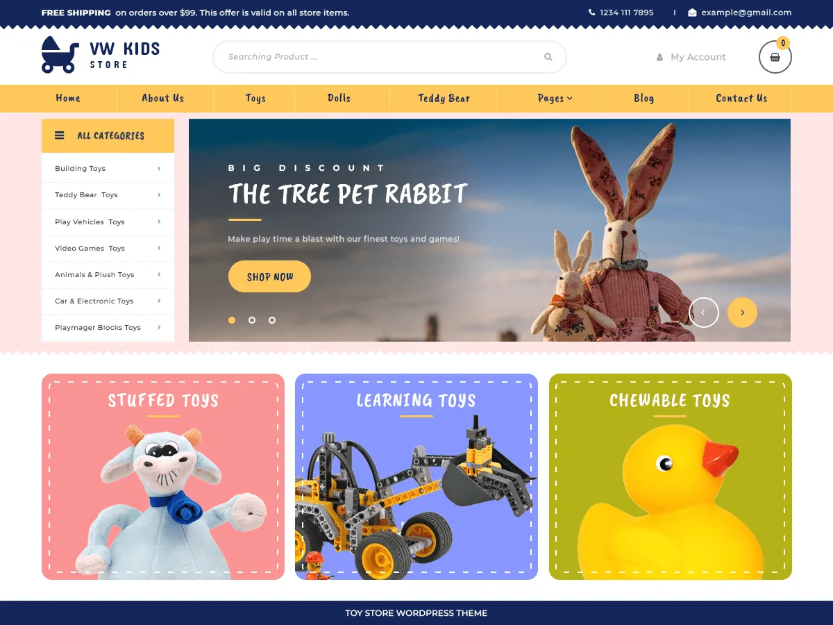 VW Kids Store web sitesi teması ile çocuk ve bebek mağazası için renkli ve modern bir online mağaza tasarımı