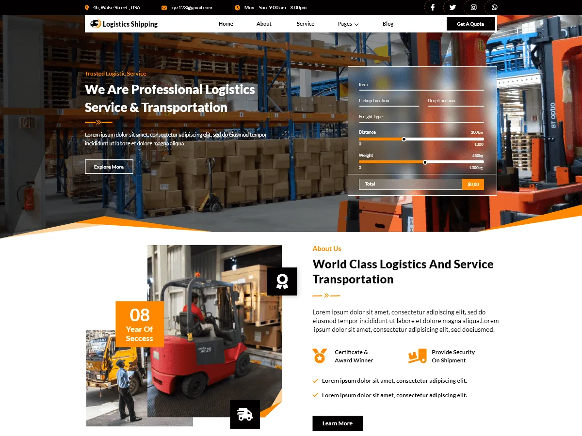 VW Logistics Shipping web sitesi teması önizlemesi