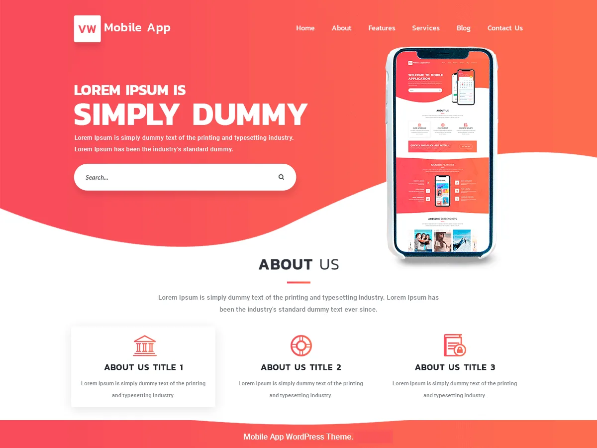 VW Mobile App web sitesi teması ile mobil uygulama tanıtım sayfası