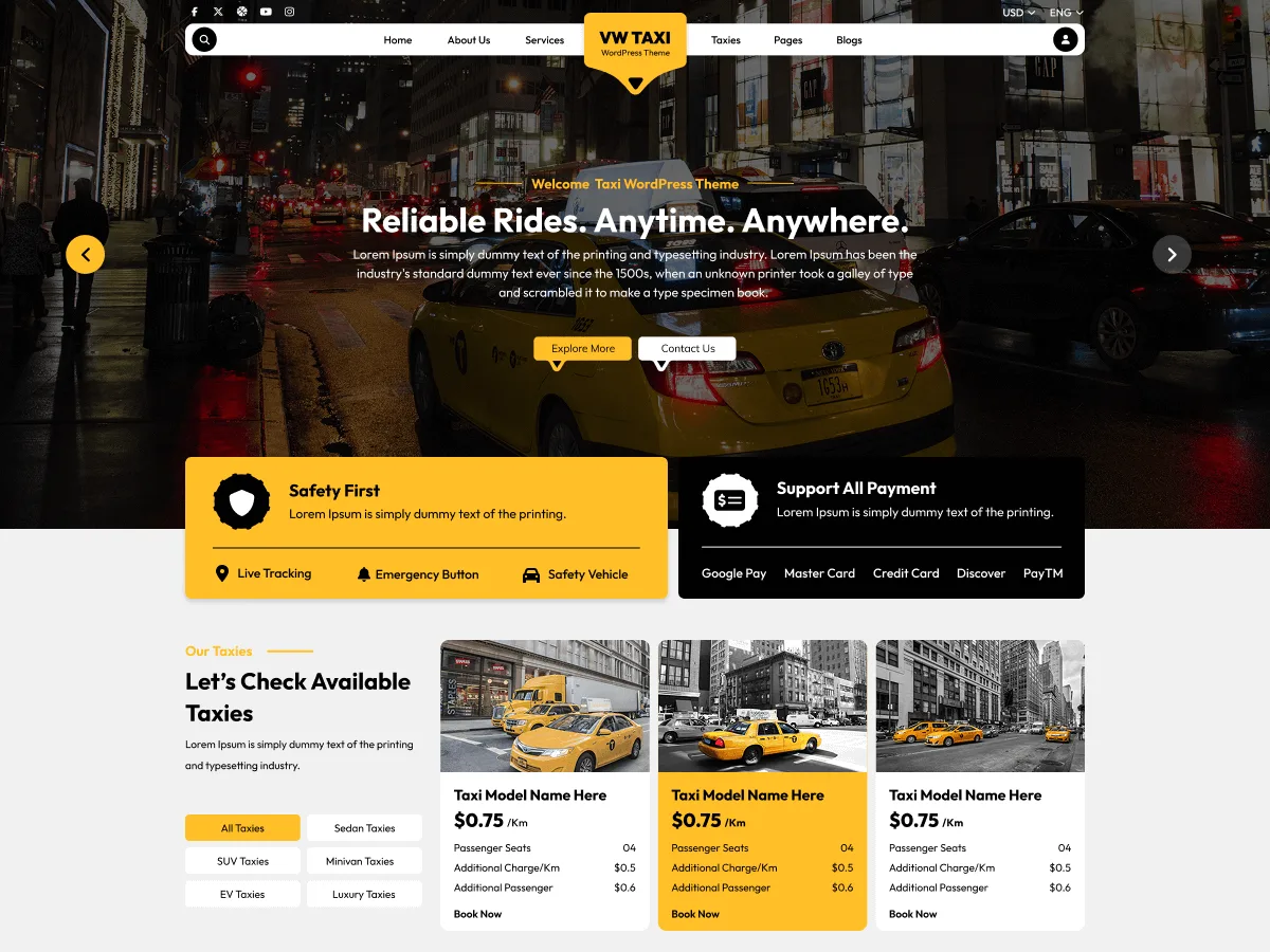 VW Taxi Booking web sitesi teması önizlemesi