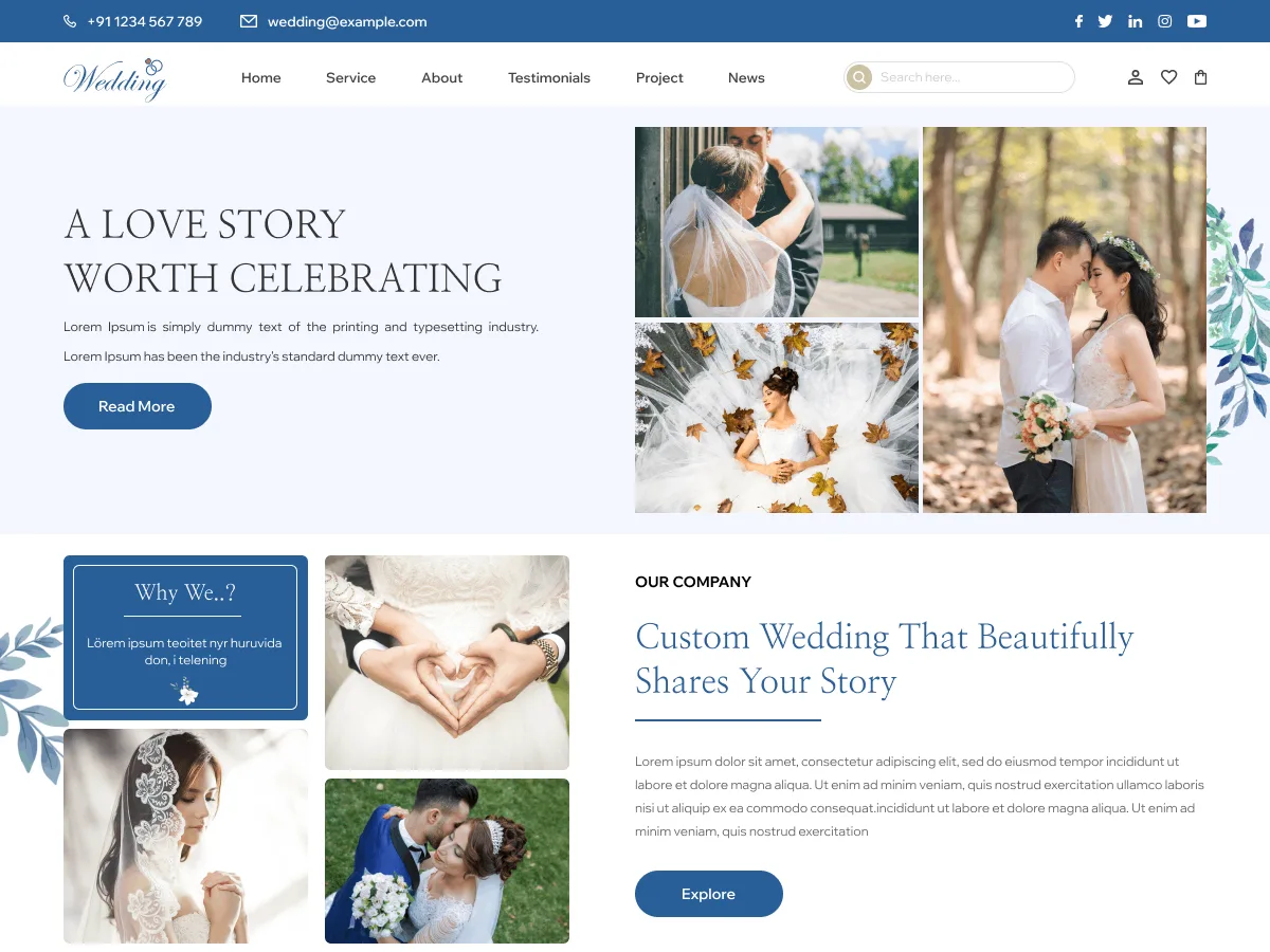 Wedding Ceremony teması ile tasarlanmış zarif bir düğün web sitesi görünümü
