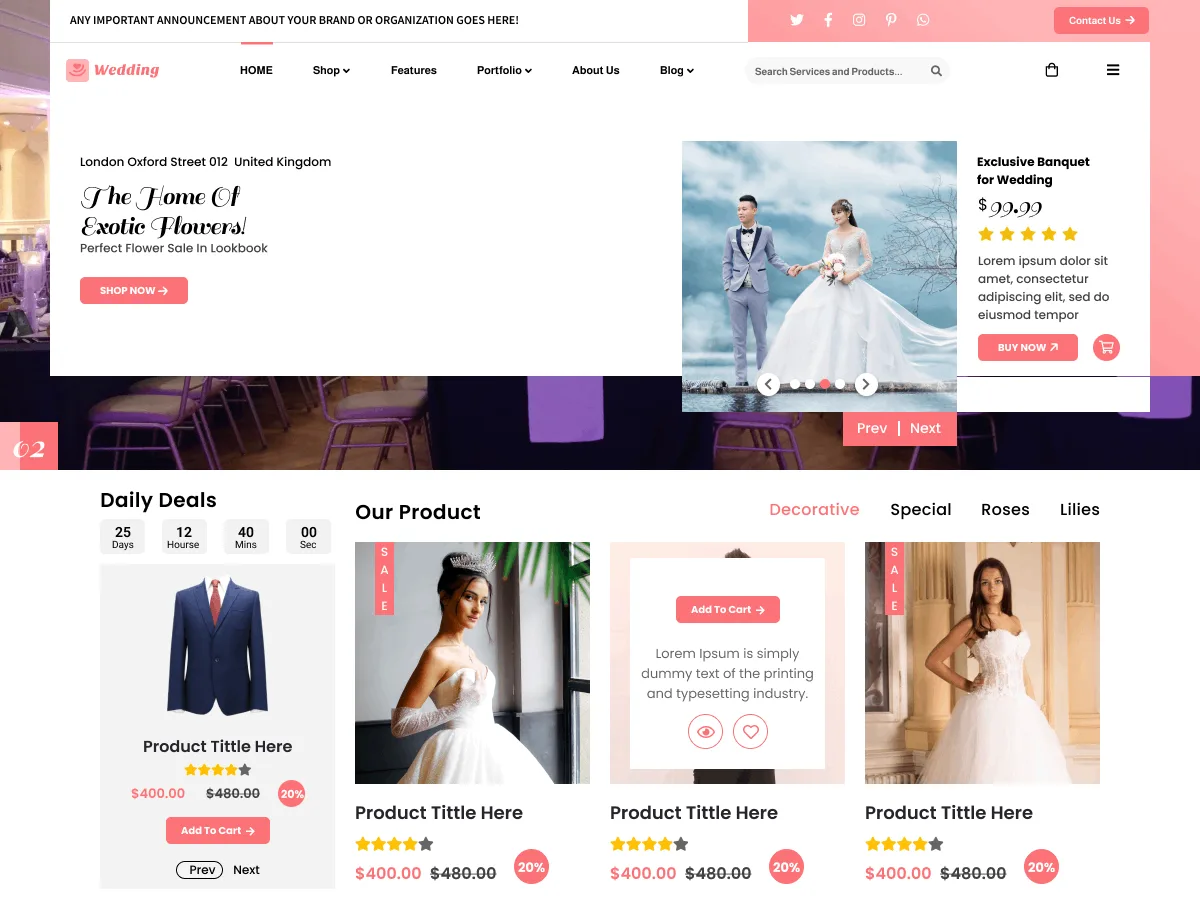 Wedding Planner Lite web sitesi teması ile düğün planlama hizmetleri vitrini