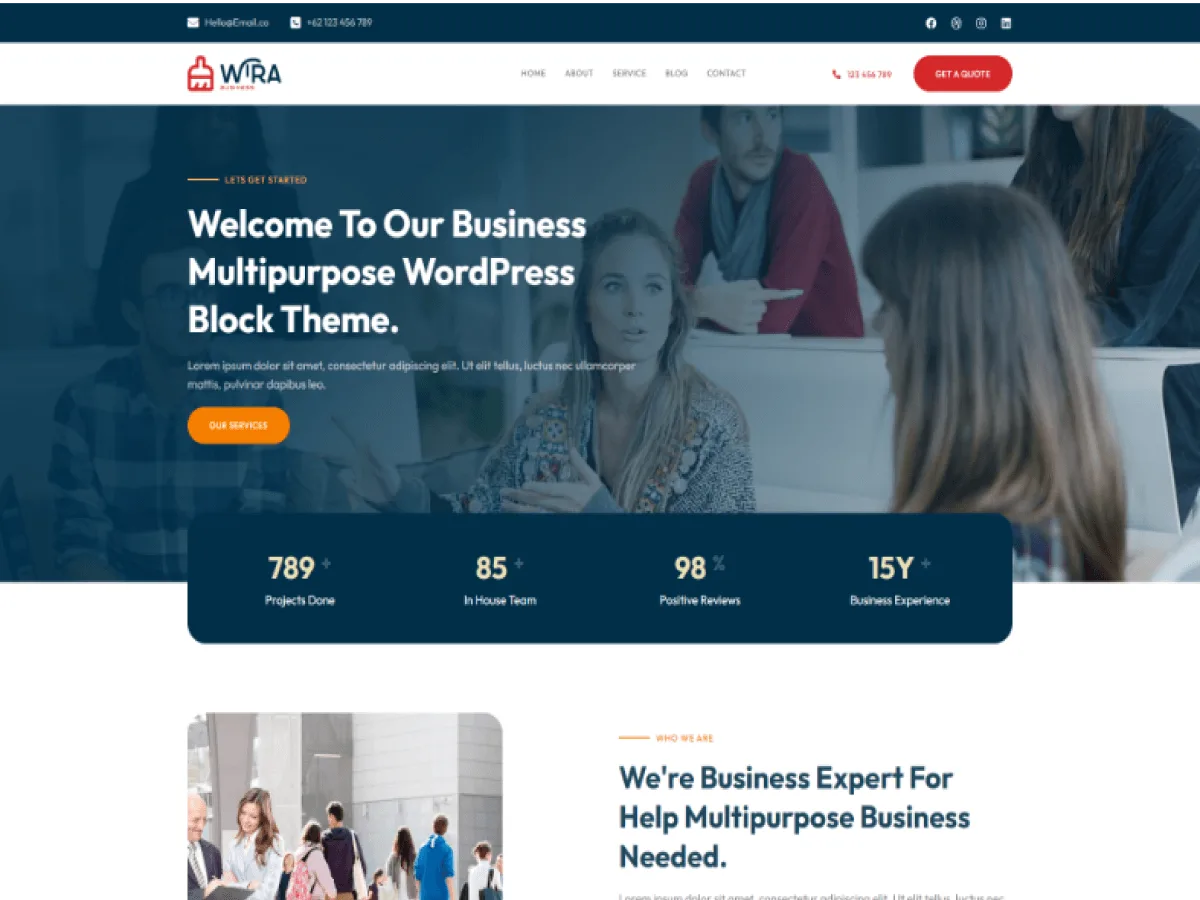 Wira Business web sitesi teması ile oluşturulmuş profesyonel bir işletme ana sayfası görünümü