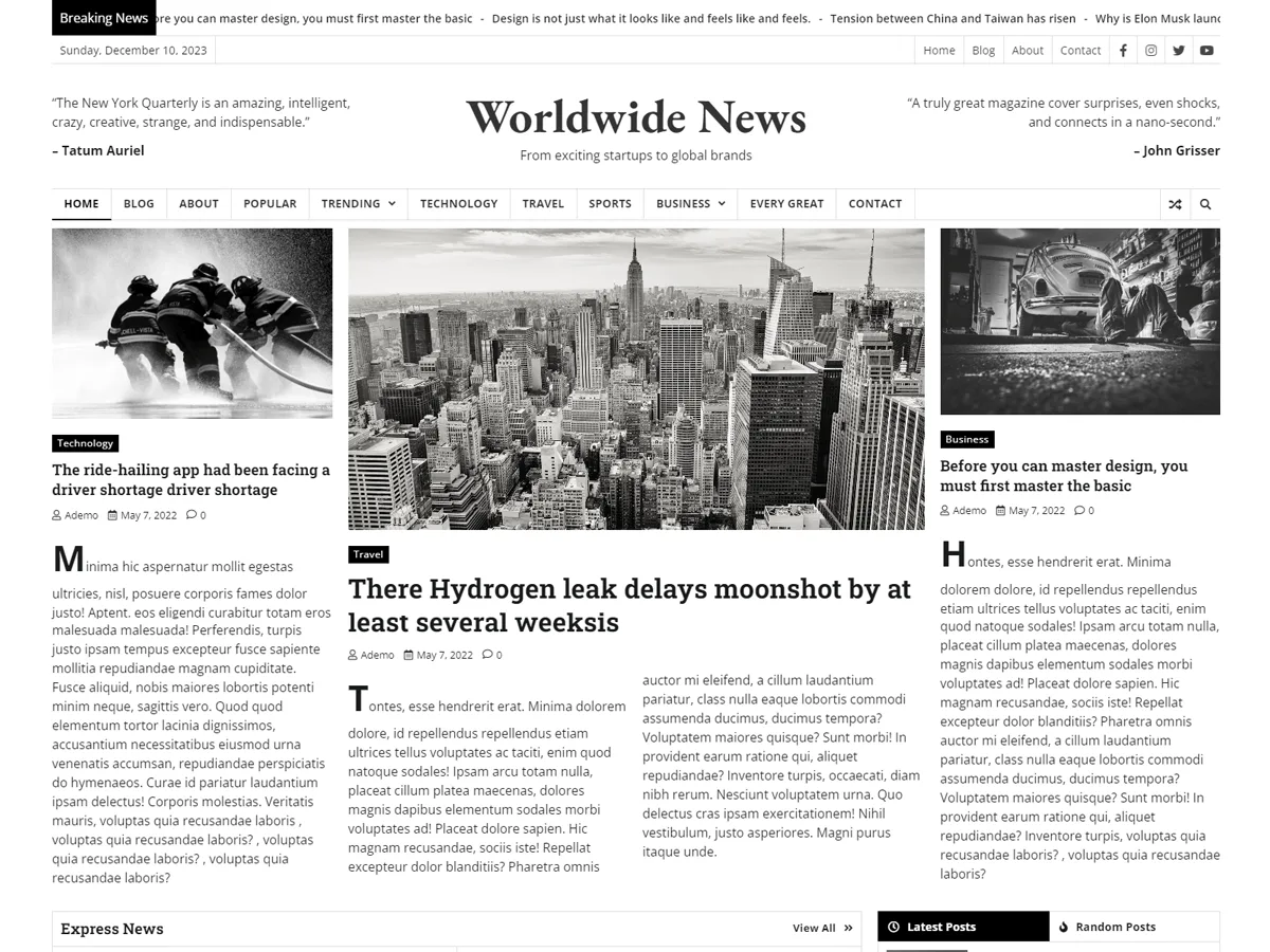 Worldwide News web sitesi teması önizlemesi