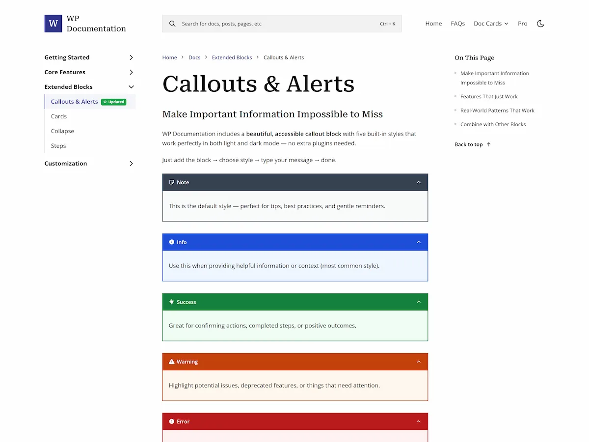 WP Documentation temasının dokümantasyon ve bilgi tabanı siteleri için tasarım önizlemesi