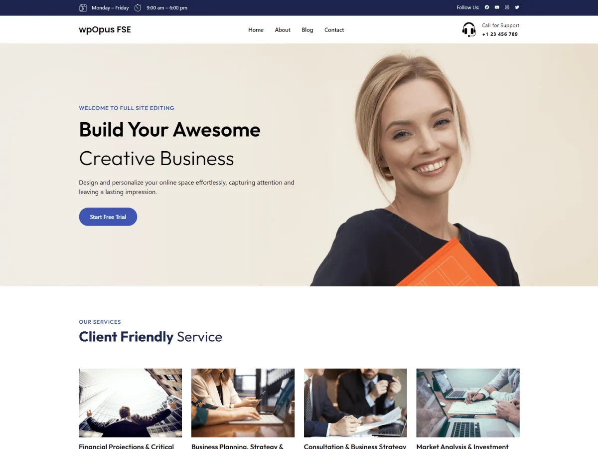 wpOpus FSE web sitesi teması ile oluşturulmuş modern bir web sitesi görünümü