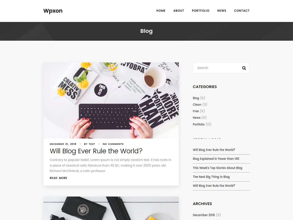 WPxon Blog web sitesi teması önizlemesi
