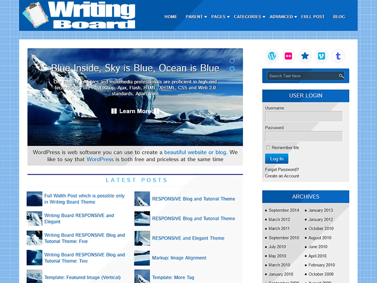 Writing Board web sitesi teması önizlemesi