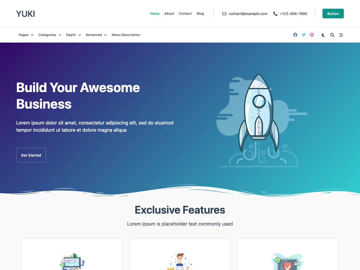Yuki web sitesi teması ile modern ve özelleştirilebilir site tasarımı