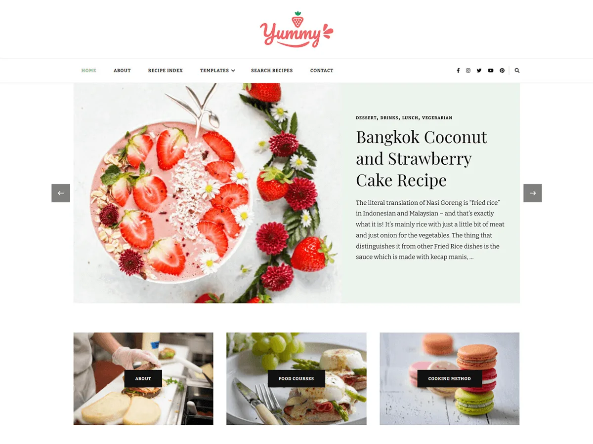 Yummy Recipe web sitesi teması ile yemek blogu ve tarif sitesi tasarımı