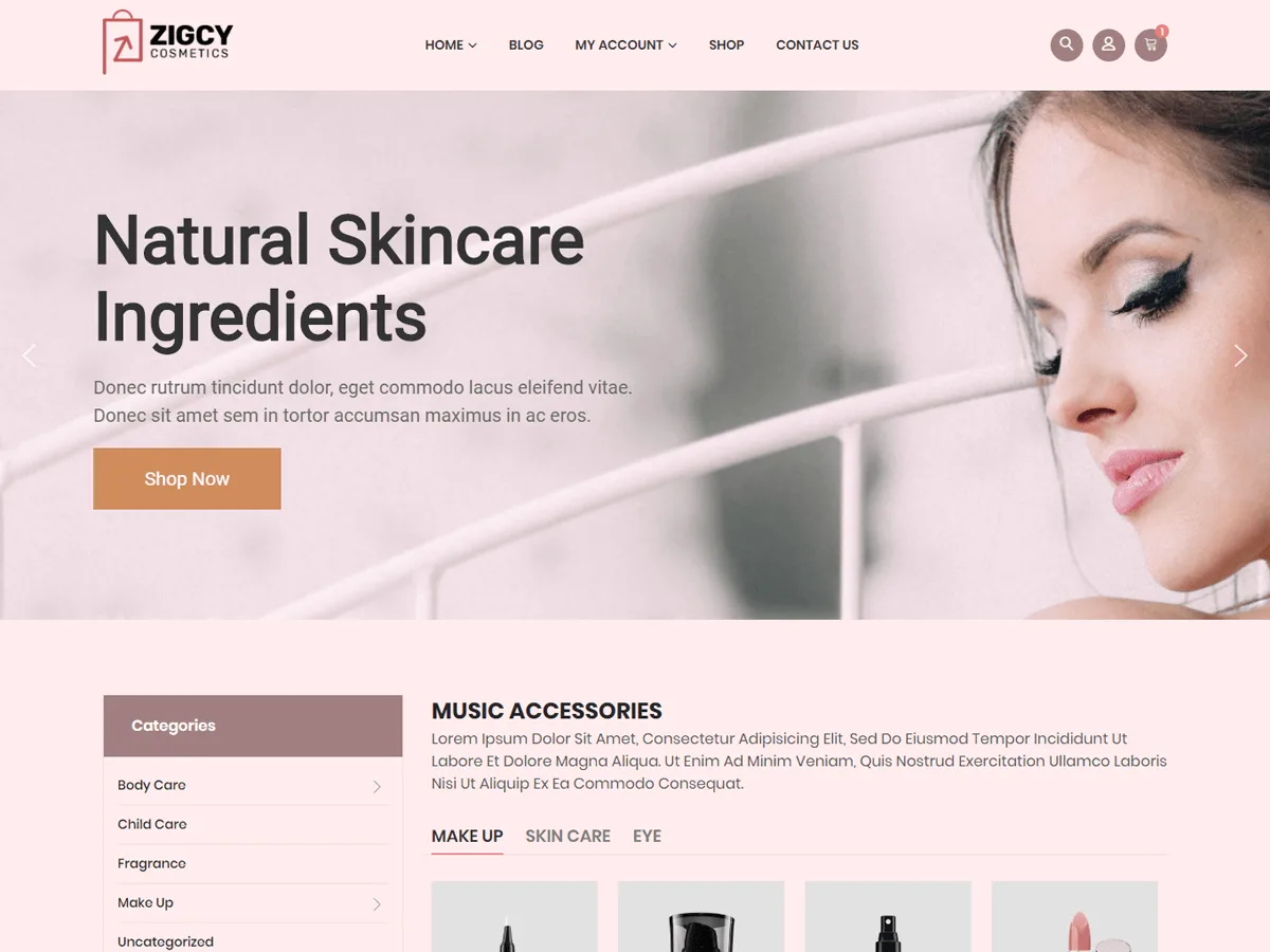 Zigcy Cosmetics web sitesi teması önizlemesi